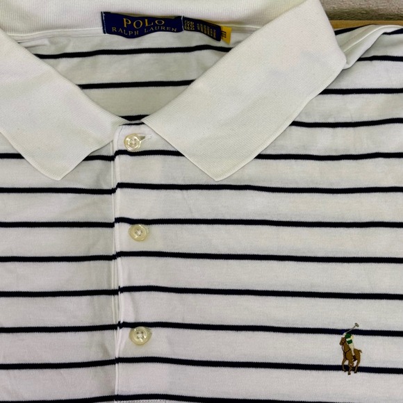 Polo Ralph Lauren White Navy Stripe Polo Shirt 2XB Classic Fit Cotton Top - Picture 5 of 8